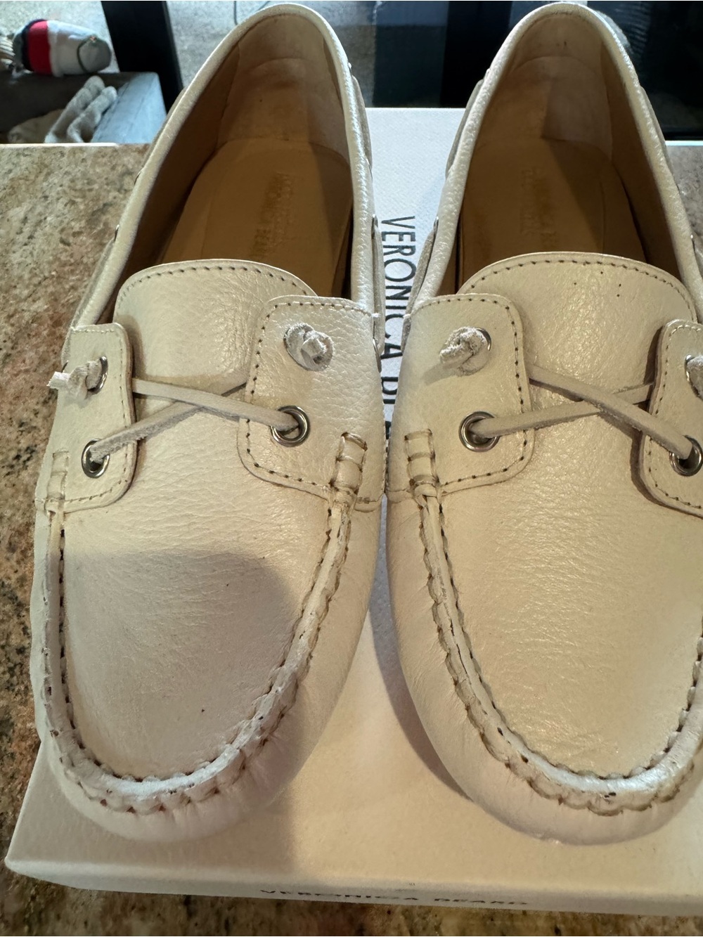 Veronica Beard cream, pebbled leather moccasin loafers